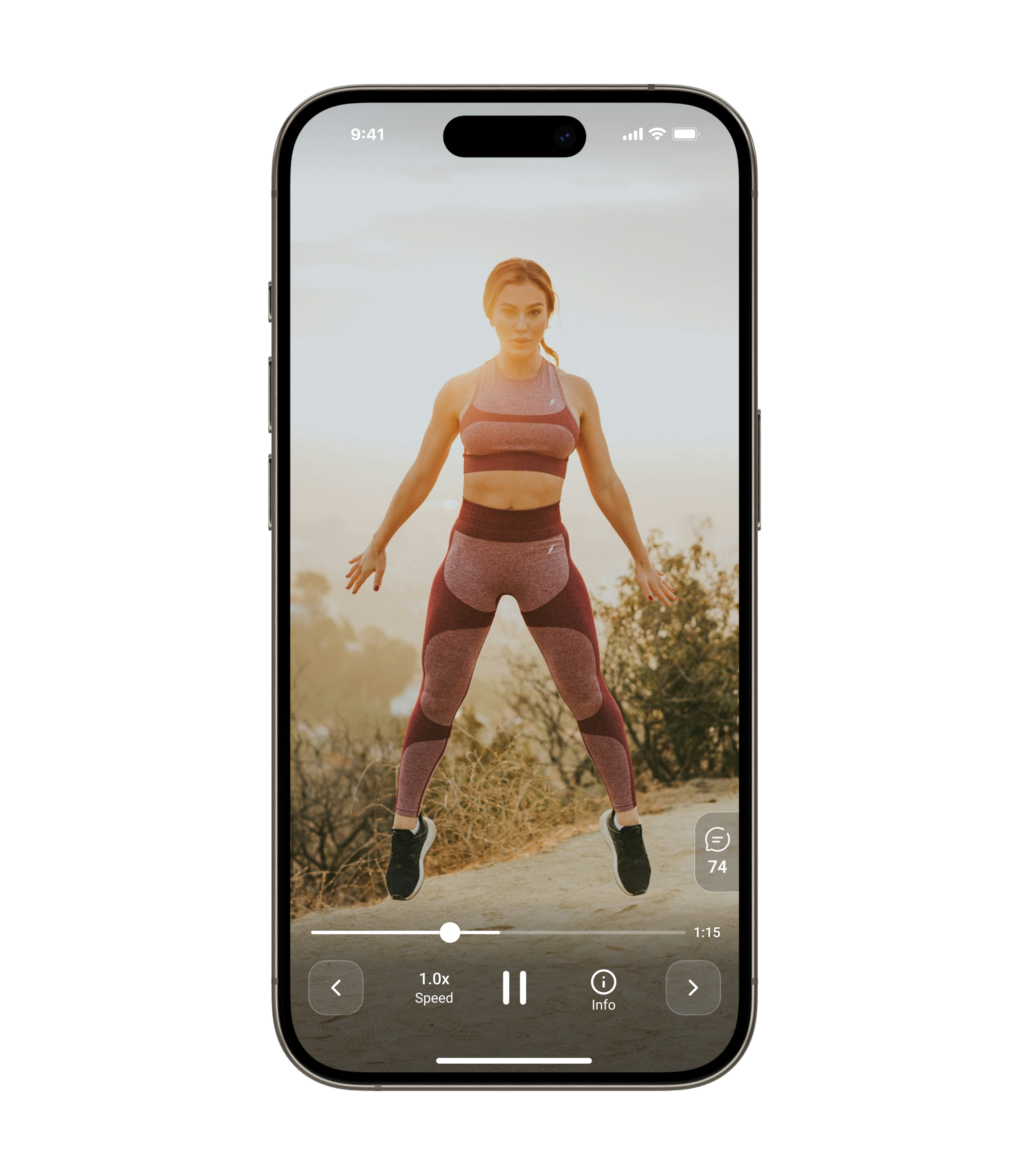 The new, full-screen video player showing a beautiful portrait video with optional controls.