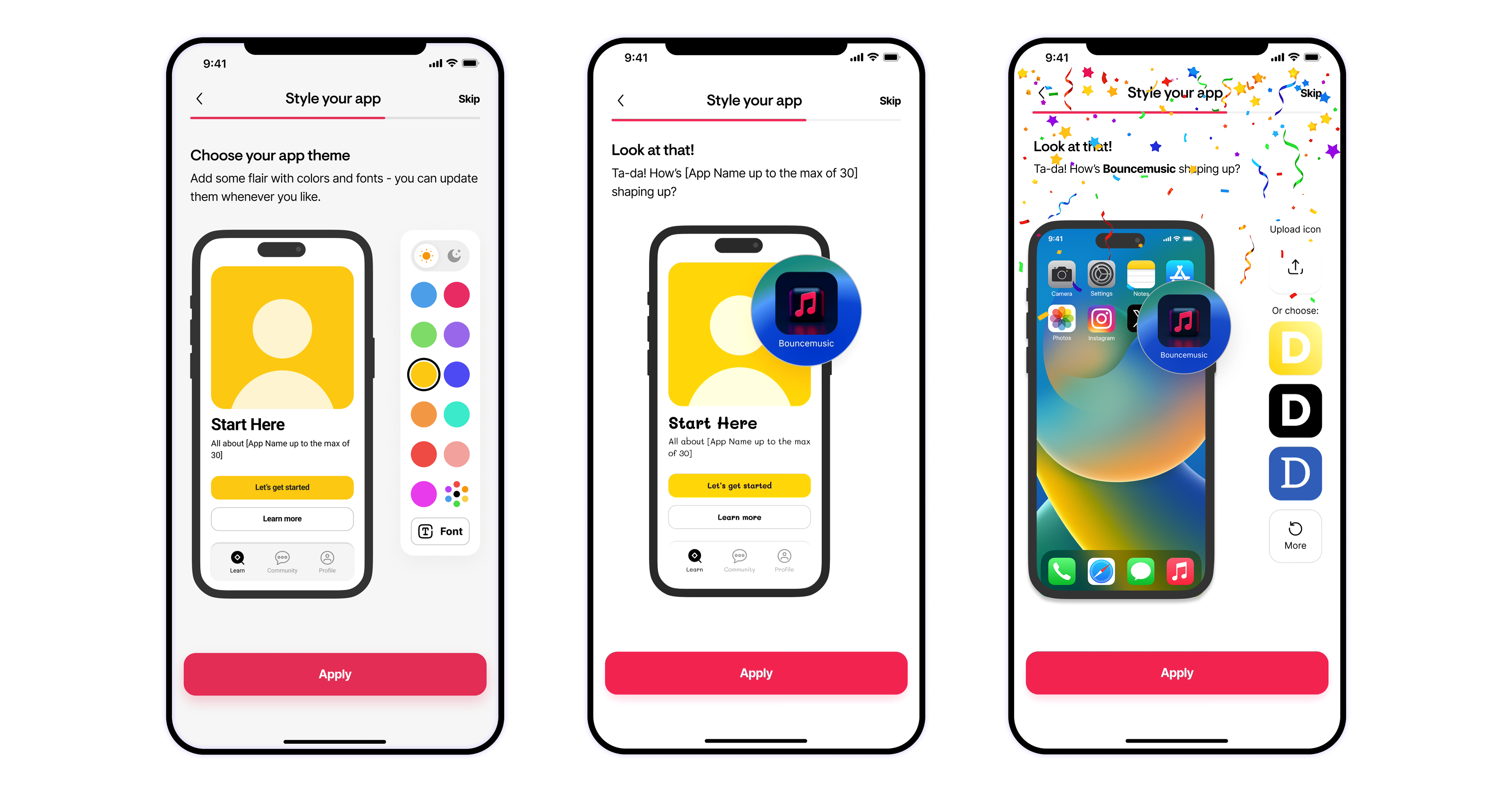 A celebratory onboarding screen showing a custom app icon and theme colors.