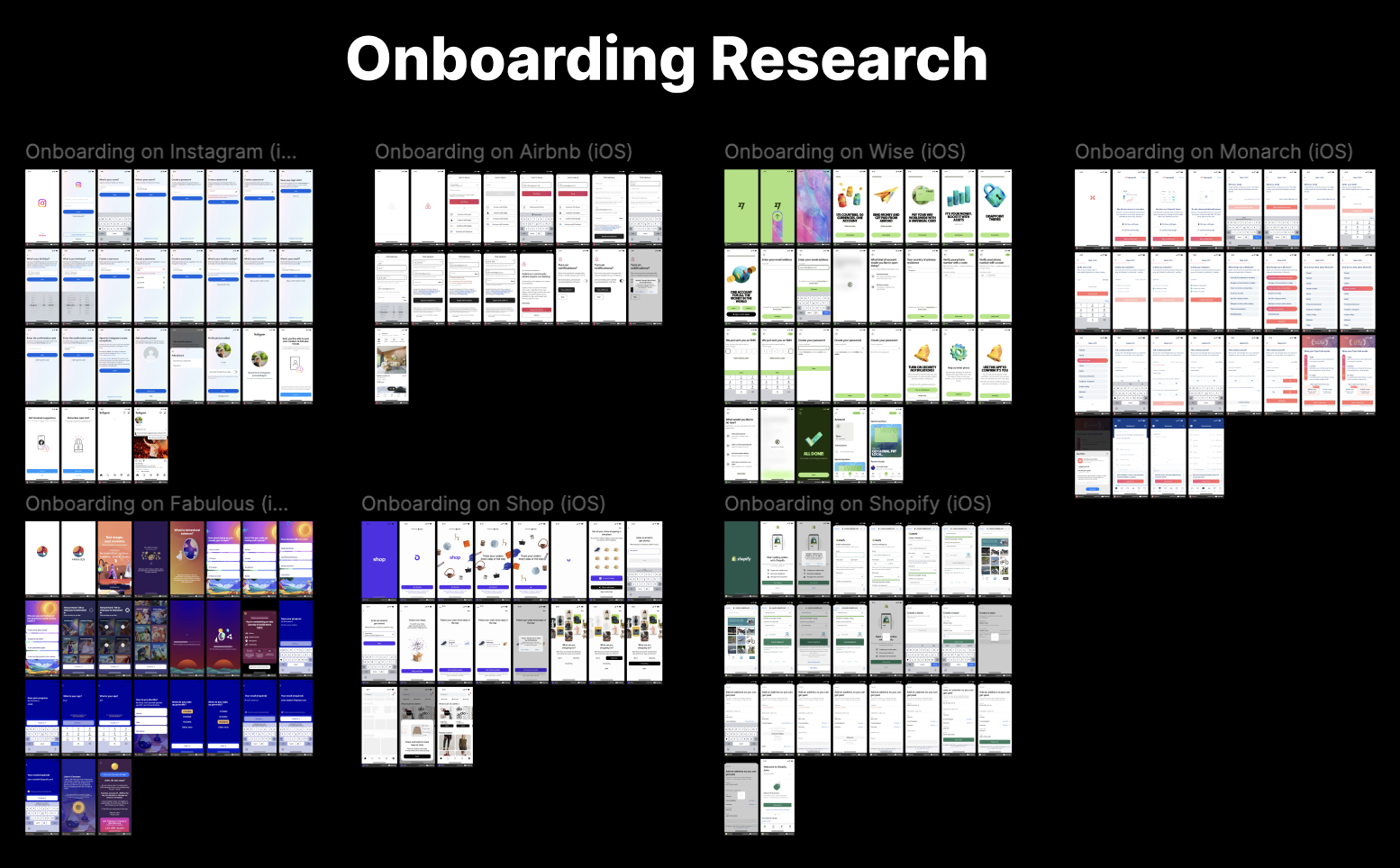 A collage of screenshots from other apps' onboarding flows, highlighting key features and interactions.